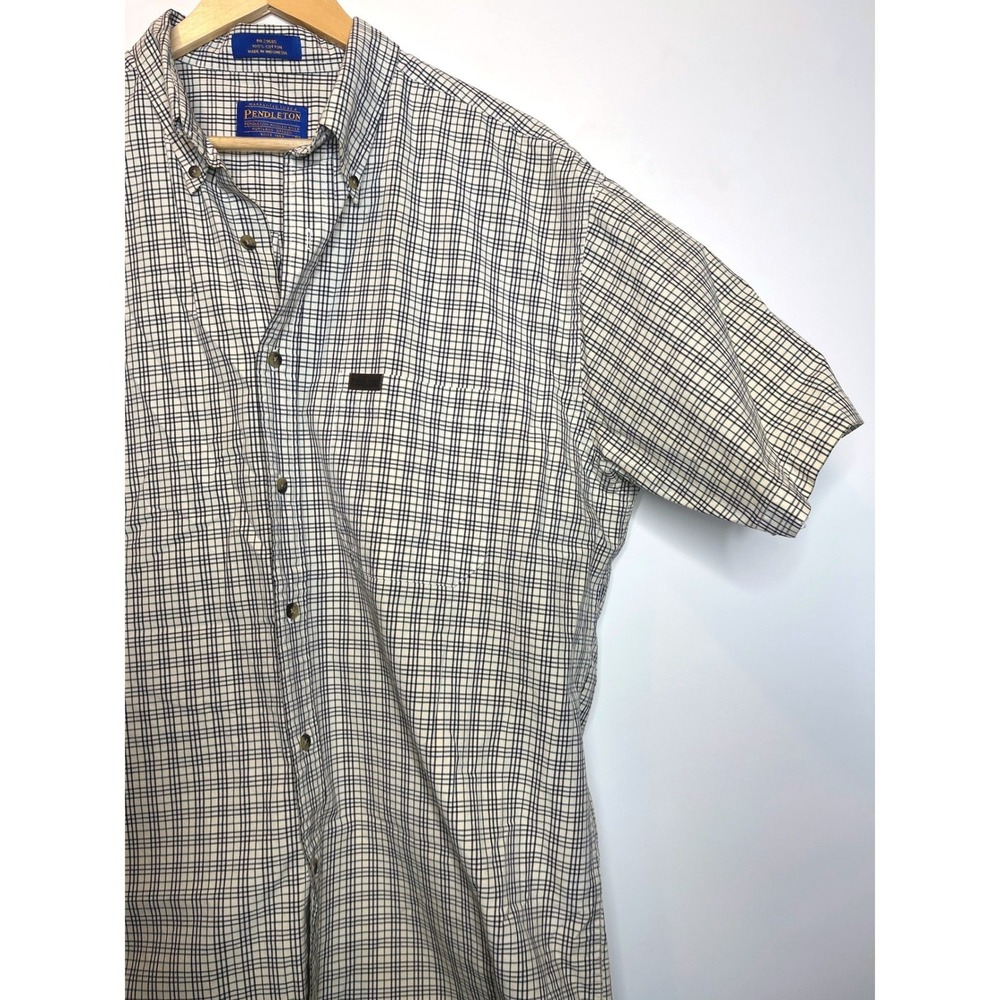 Pendleton Plaid‎ Short Sleeve Button Down Beige Green Cotton